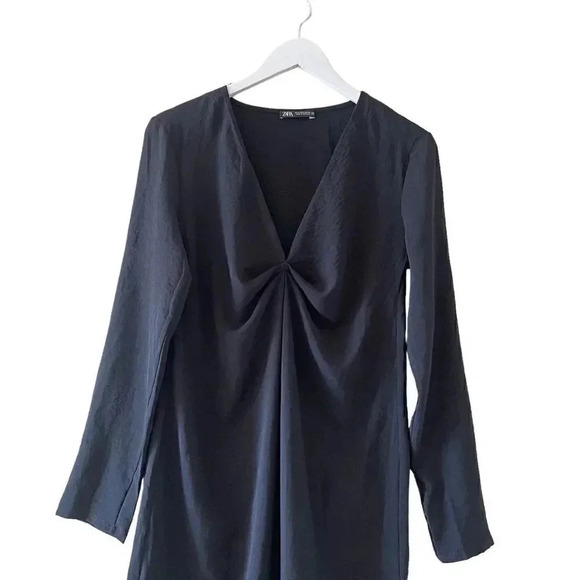 ZARA Black SHORT DRAPED DRESS Long Sleeves V-Neck Women’s Minimalist SZ S #1669 - Picture 5 of 14